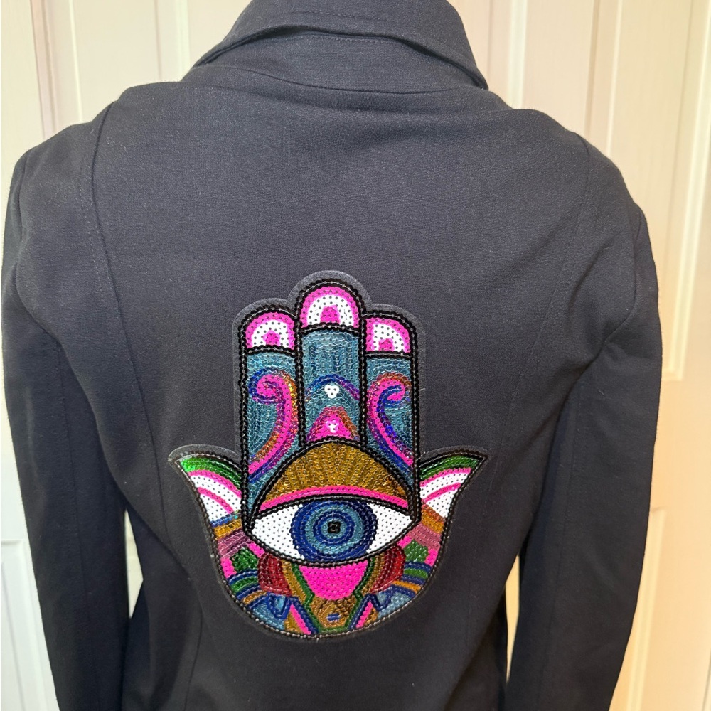 Express Black Moto Jacket with Sequin Evil Eye